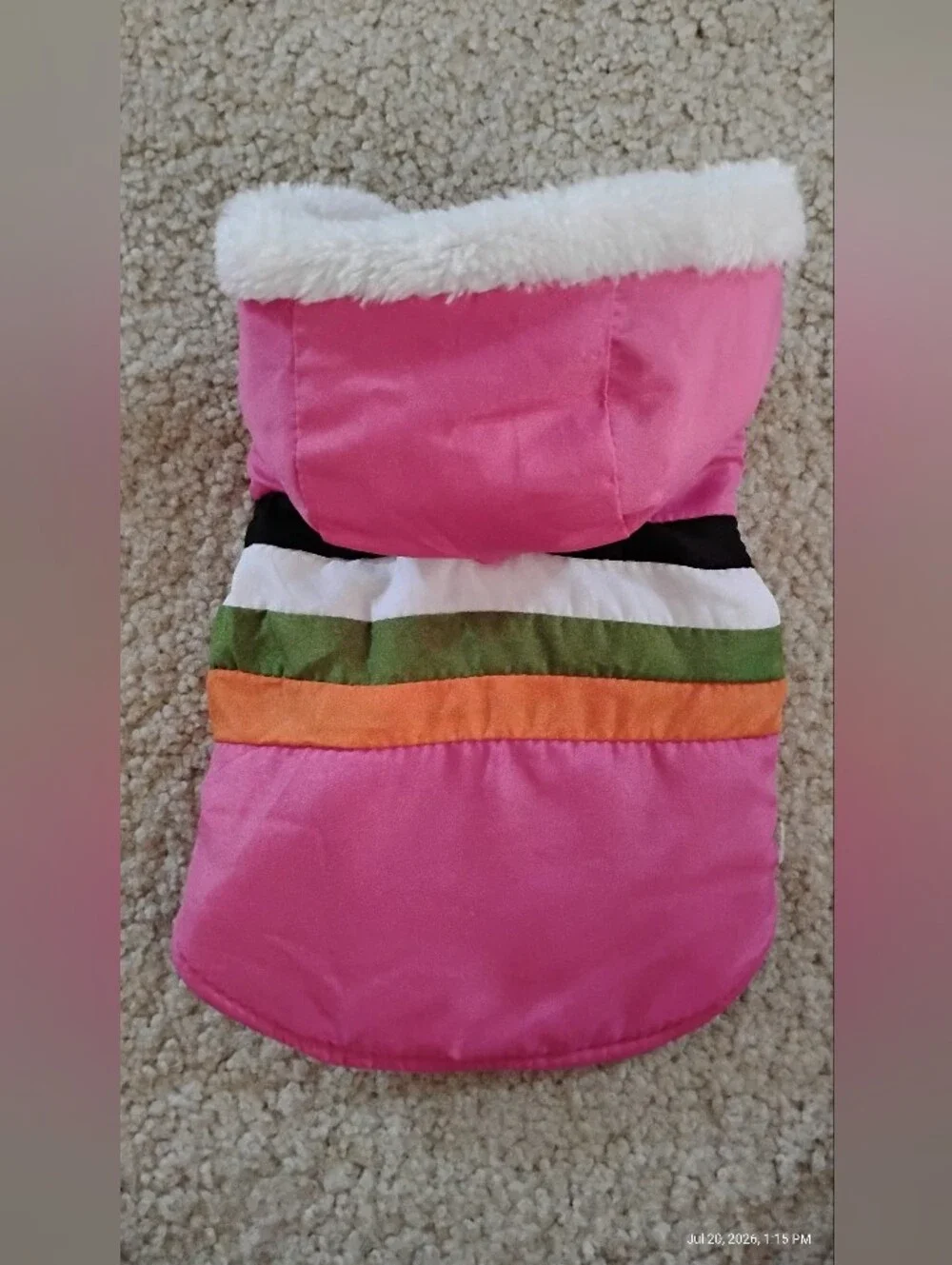 Brand New, Never Worn Pink Hooded Pet Jacket with Multicolor Stripes - Size XXS